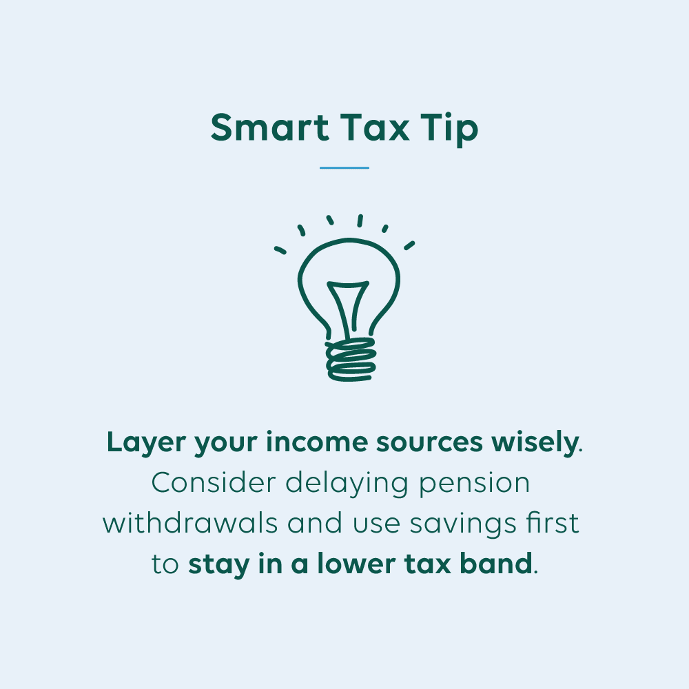 Smart Tax Tip! Layer your income sources wisely—delay pension withdrawals and use savings first to stay in a lower tax band. A light bulb icon reinforces the idea of a bright financial strategy.