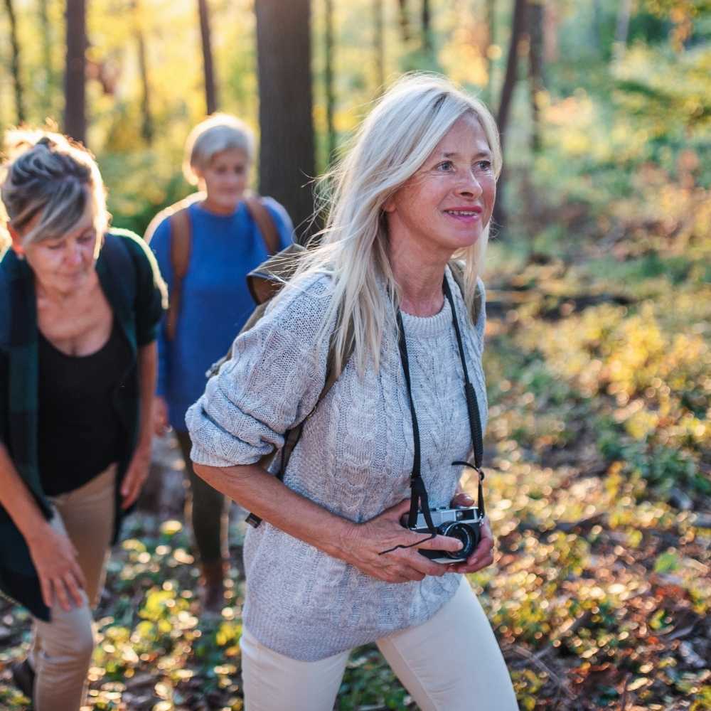 Joslin Rhodes - Three retired women walking through the woods with cameras, enjoying photography and making the most of their retirement.