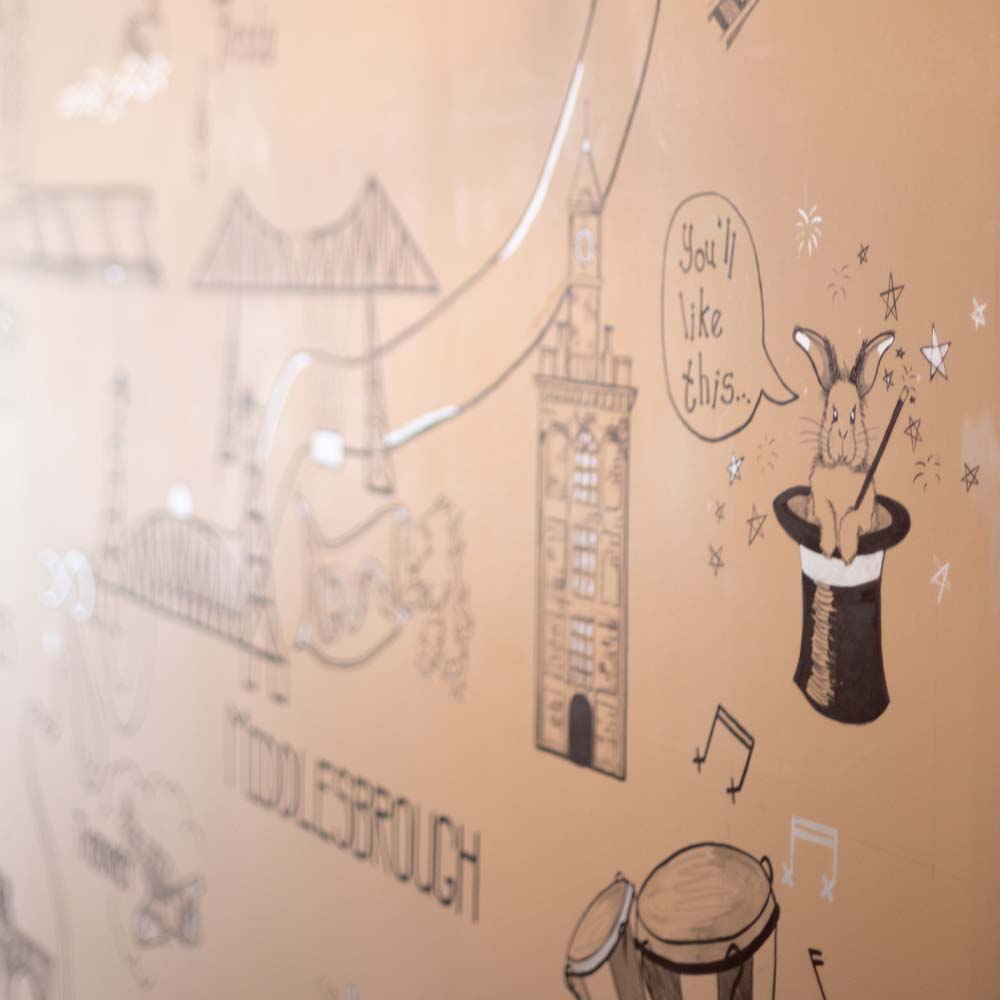 Joslin Rhodes Teesside mural showcasing local landmarks and scenery, celebrating the Teesside community.